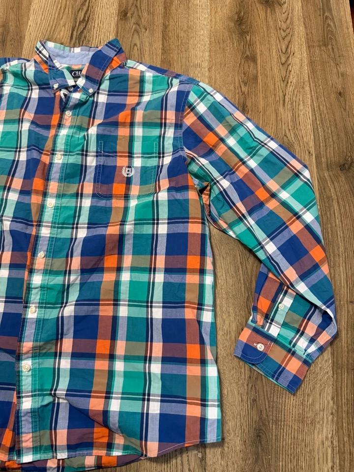 Camisa CHAPS, Para Hombre Talla XXL, Naranja Azul Verde A Cuadros Manga Larga Con Botones Foto 4 de 4