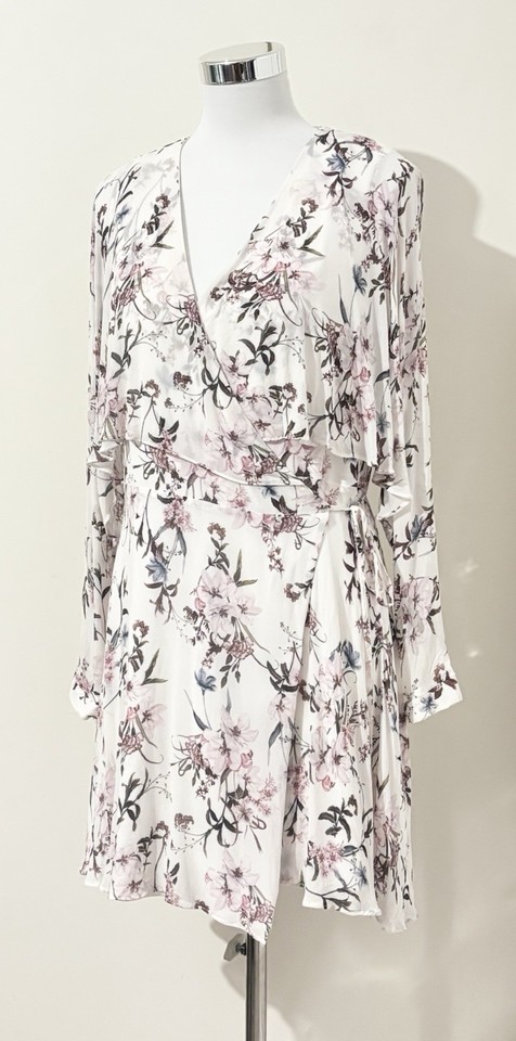 Forever New 10 Mini Wrap Dress Floaty White Purple Floral Cut-out Sleeve Party