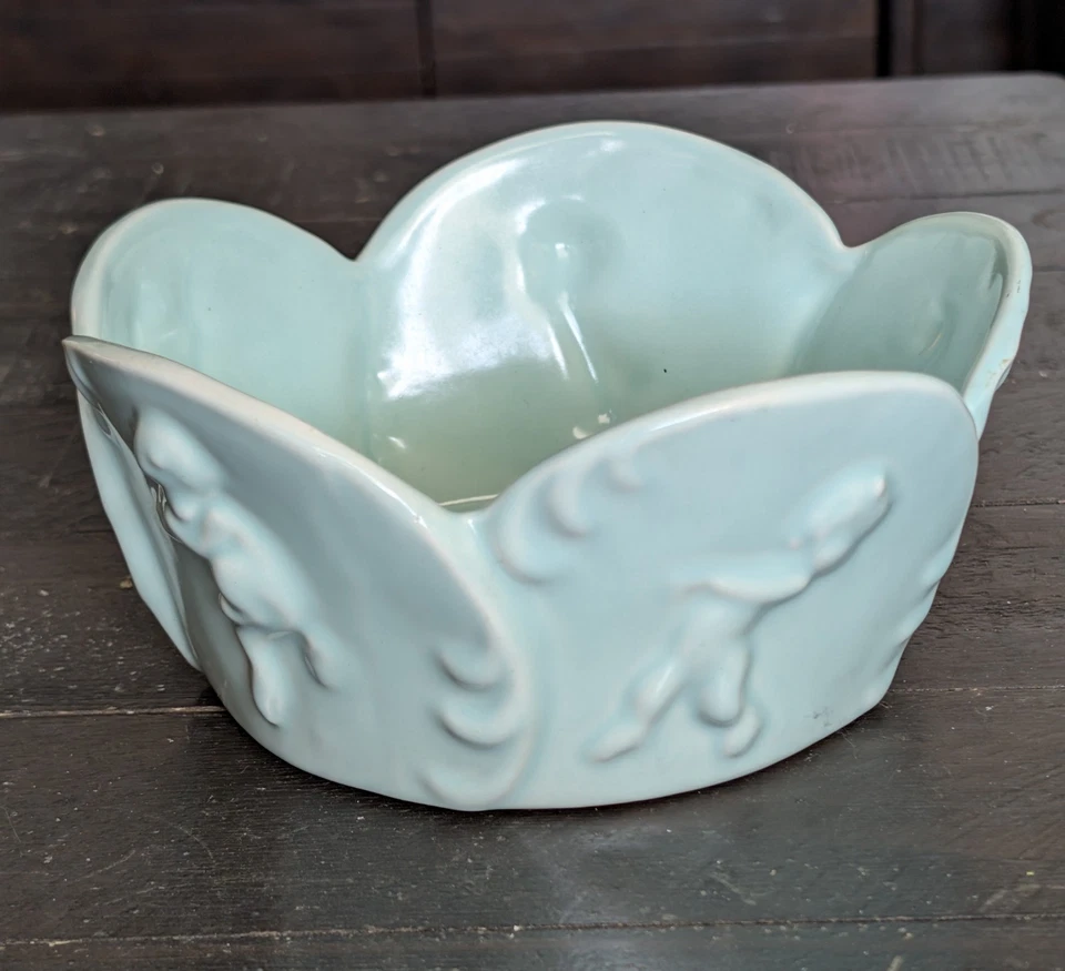 Walt Disney Vernon Kilns 1940 Fantasía #124 Sátiro Querubín Verde azulado Cuenco de cerámica Foto 3 de 4