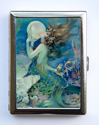 Mermaid holding a Pearl Cigarette Case Wallet Business Card Holder art  nouveau
