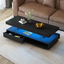 High Gloss Coffee Table with Storage, UV Cocktail Table with 16 Colors LED Light