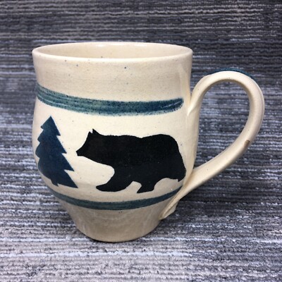 OVS Handmade Coffee Mug White Bear and Tree Graphic Clay Pottery 2000