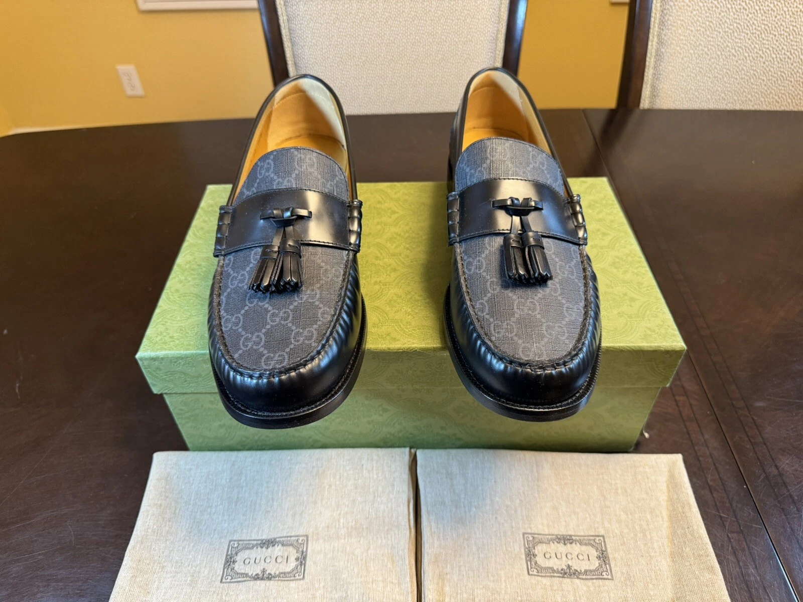 Chaussures mocassins noirs Gucci GG Supreme logo neuves taille UK 11,5 / US 12