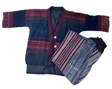 Tribal Thai Lanna Chinese Miao Akha Ethnic  Outerwear Costume Jacket Top & Pants