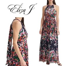 Eliza J, Floral Halter Tie Neck Maxi Dress, Navy, Orange, Purple, Blue