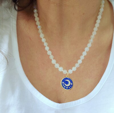 Handgefertigte Mondstein Perlenkette mit Mond Amulett Scheibe Anhänger blaue Emaille    