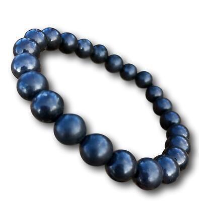 Black Shungite Energy Bracelet - Polished 8mm Round Beads - Elastic Stretch Band