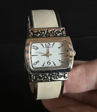 Ladies Quartz  Watch Cream & Silver Tone Hinged Cuff New Battery Classic Style