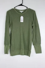 Women's Time And Tru Waffle Pullover Top Green XS