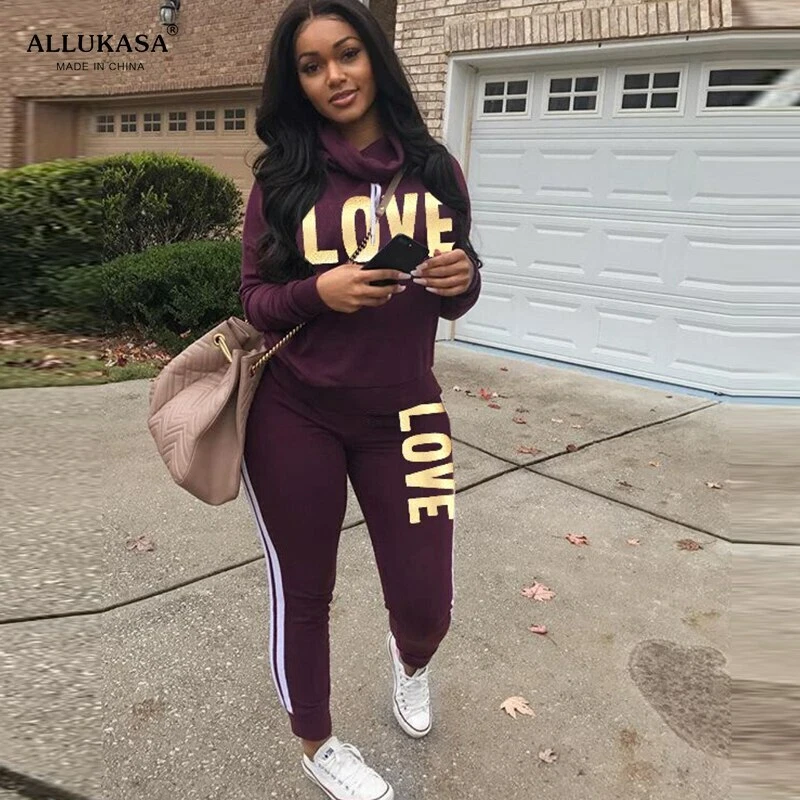 Conjunto De Sudadera Con Capucha Y Pantalones Estampado De LOVE Para Mujer 2Pcs