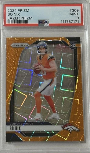 2024 Panini Prizm Bo Nix (Denver Broncos) Orange Lazer Prizm Rookie PSA 9