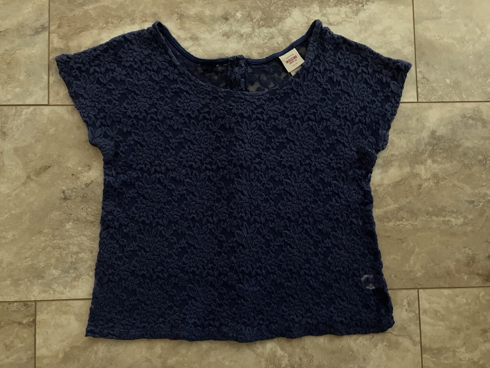 Mossimo Women Size XS Navy Blue Lace Floral Button Back Blouse Shirt