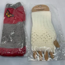 Arm Warmers Set Of 2. Off White With Beads, Gray Red With Butterfly