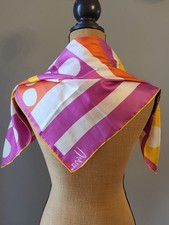 Vera Neumann Vintage 70s Satin Mod Geometric Square Scarf Orange/Yellow/Purple