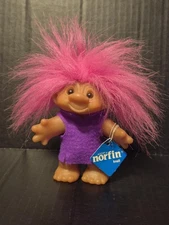 DAM Norfin Troll Doll 4.5" 1986 Hot Pink Hair Purple Felt Playmates Smiling 