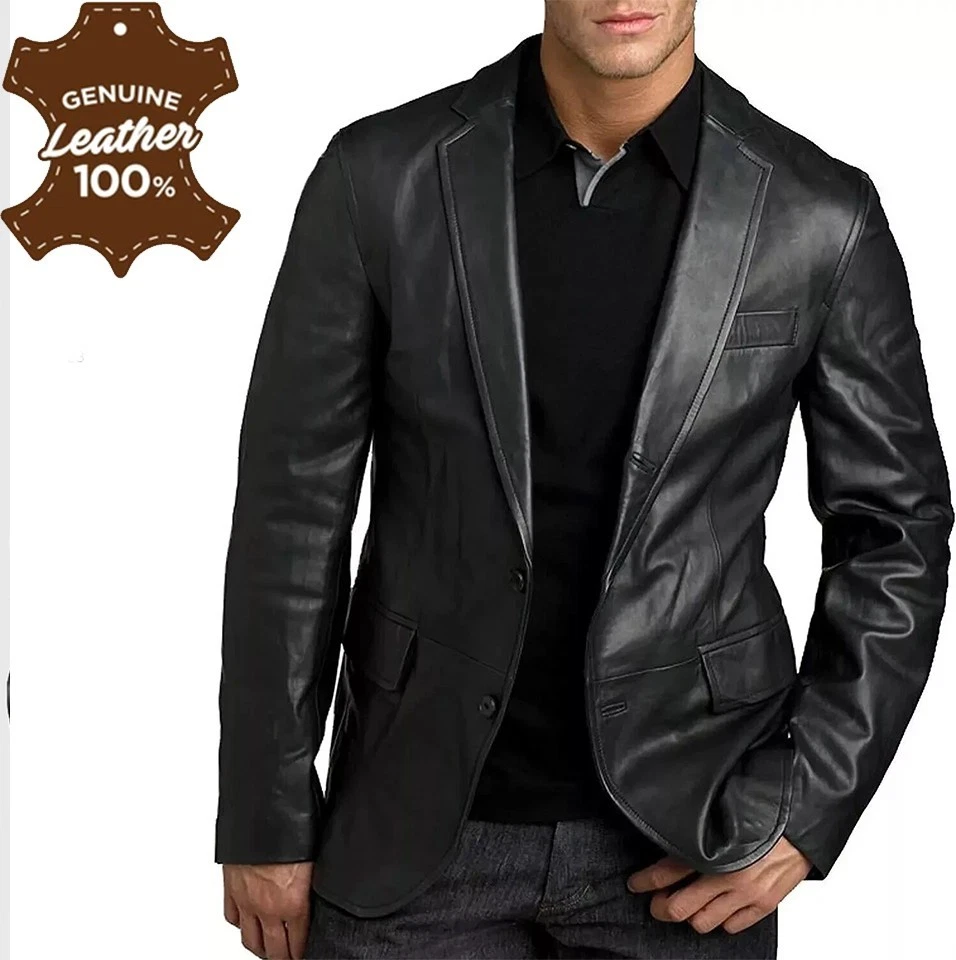 🖤 Lambskin Black Blazer – Two Button Slim Fit Coat – Real Leather Jacket 👔