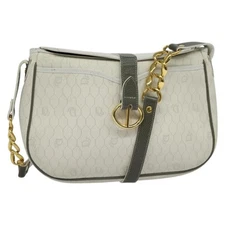 Christian Dior Honeycomb Canvas Chain Shoulder Bag PVC White Gold Auth BA3929