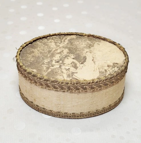 Antique French Oval Fabric Powder Box Courting Couple Rococo Boudoir Vanity