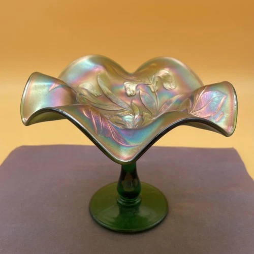 Vintage FENTON Green Carnival Glass Ruffled Edge IRIS Compote 6”