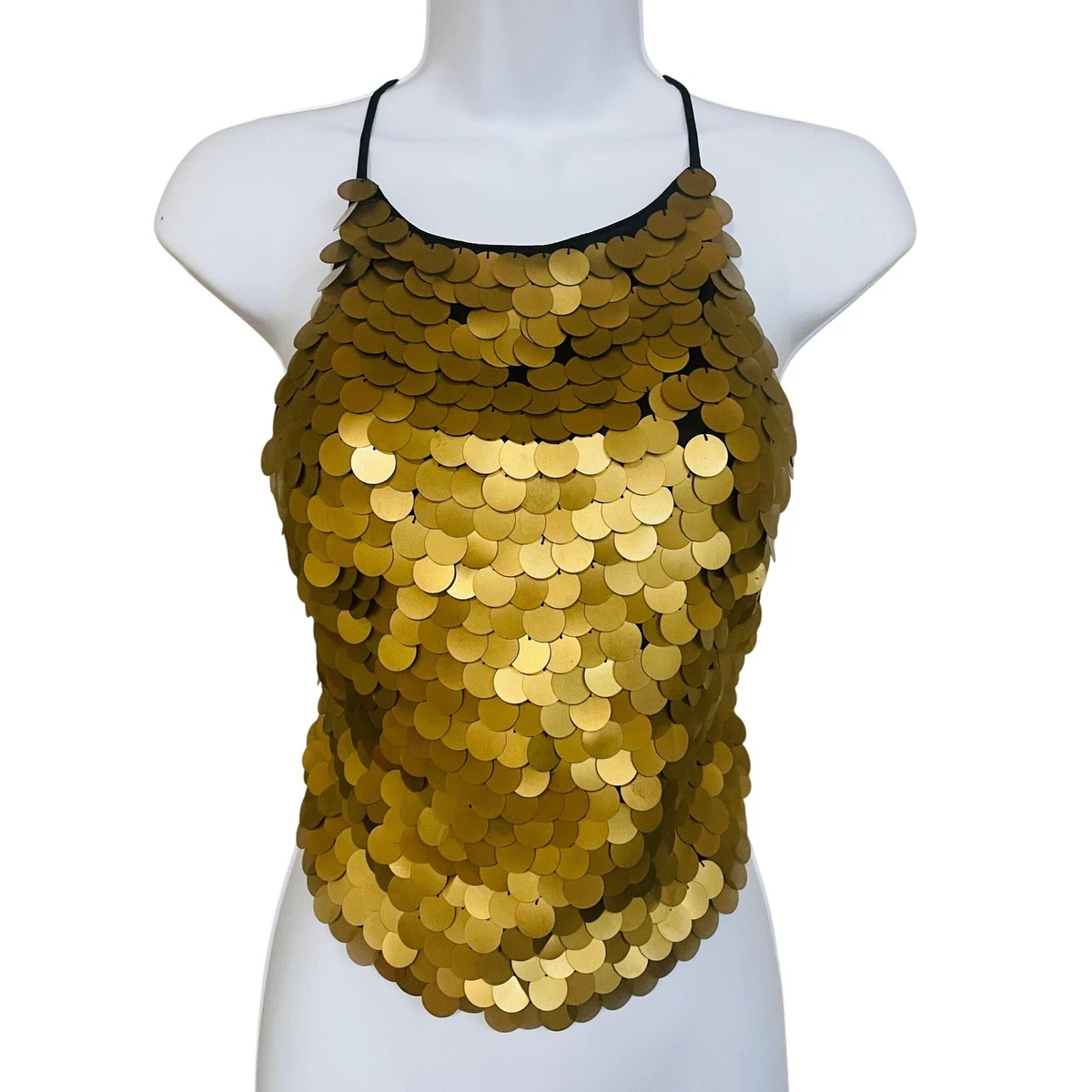 Bebe VTG Y2K Indie Punk Gold Paillette Sequin Halter Top OS Festival Maximalist