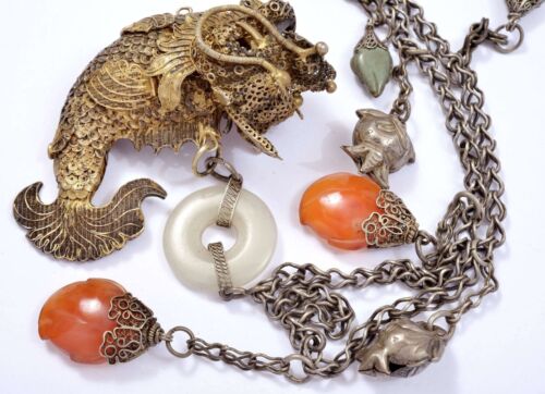 Chinese Silver Gilt Filigree Fish Pendant Agate Jade Turquoise Carved Necklace - Picture 1 of 8