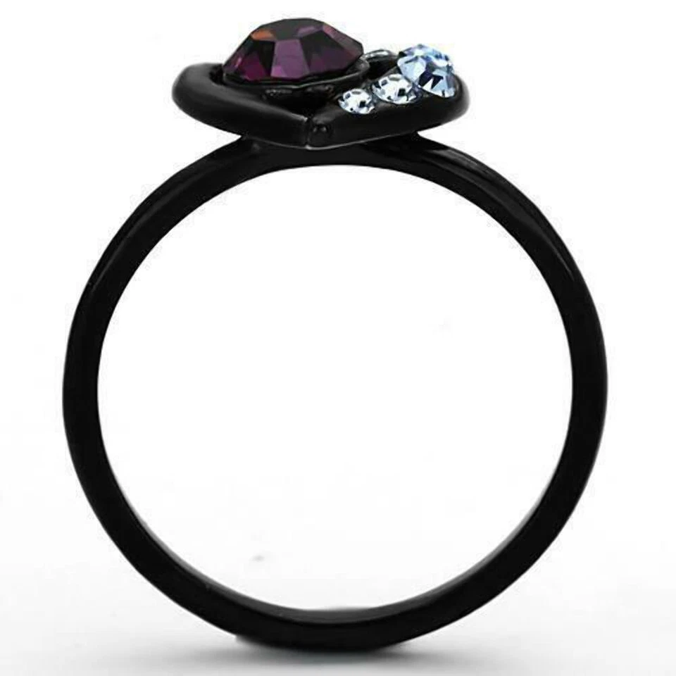 Anillo redondo de acero inoxidable amatista circonita cúbica cristal púrpura corazón negro para mujer 5-11 A Foto 3 de 4