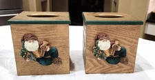 Rare 2 Artisan Flair Chelsea Fair Christmas Gold Wood Tissue Box Cover 3D Santa