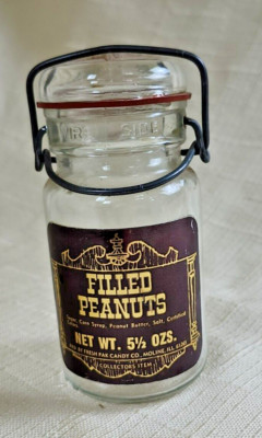 Vintage Empty Filled Peanuts Glass Jar with Lid and Wire Closure Pak Candy Co