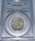 1857 P Liberty Seated Quarter Dollar Early Blue Label PCGS AU53 Very Nice Coin!