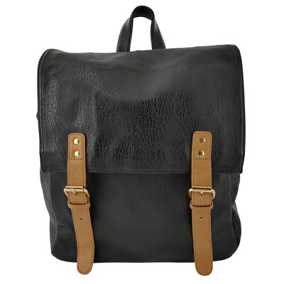 MADISON WEST Black Tan Faux Leather BackPack Buckle Front