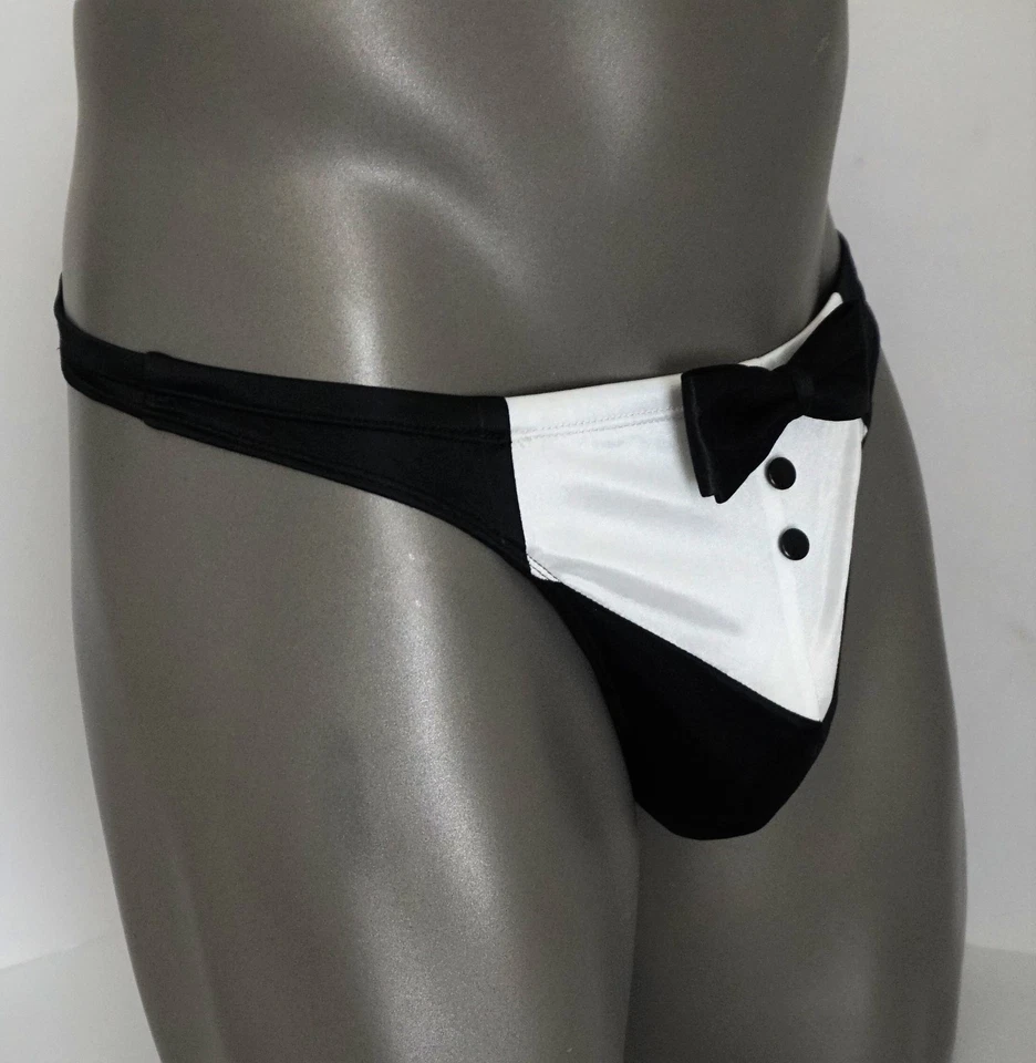 NEW MEN'S BLACK TIE SATIN INTIMO TUXEDO THONG  - Image 2 of 4