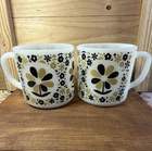Vintage Federal Milk Glass Coffee Mug Set of 2, 9 oz, Black Yellow Floral.
