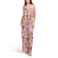 Jewel Badgley Mischka Metallic Purple Floral Strapless Chiffon Dress Sz 14 218
