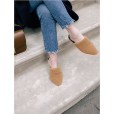 Jenni Kayne Shearling Mules Fur Almond-Toe Slip-Ons Flats Tan Sz EU 37 US 7 