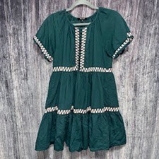 Madewell Dress Green Linen Embroidered Tiered Babydoll Boho Pockets Womens XS
