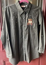 Quacker Factory Rhinestone Embroidered Cat Holiday Button Up Denim Shirt Size S