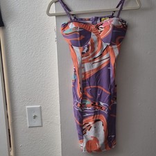 L'ATISTE Women's Purple Orange Abstract Ruched Strappy Midi Bodycon Dress