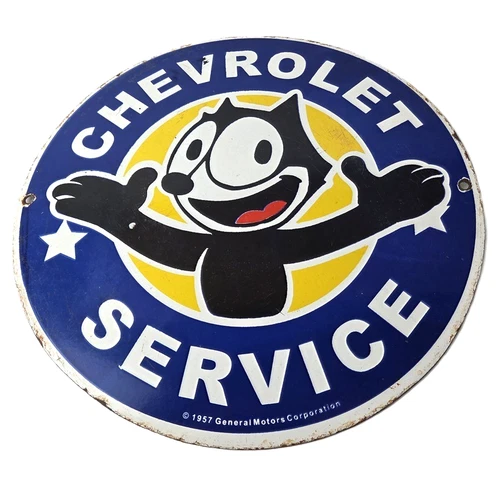 Vintage Chevrolet Porcelain Sign - Service Chevy Felix The Cat Gas Pump Ad Sign