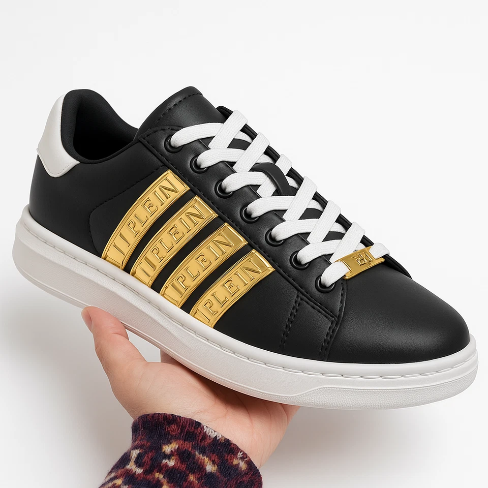 Plein Sport女式运动鞋黑色和金色条纹线条设计DISP741 — 第 4/4 张图片