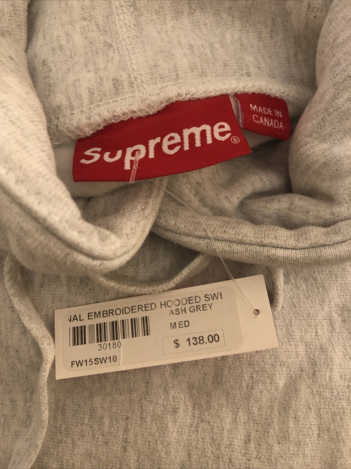 Felpa con cappuccio ricamata Supreme FW15 nuova media grigio cenere