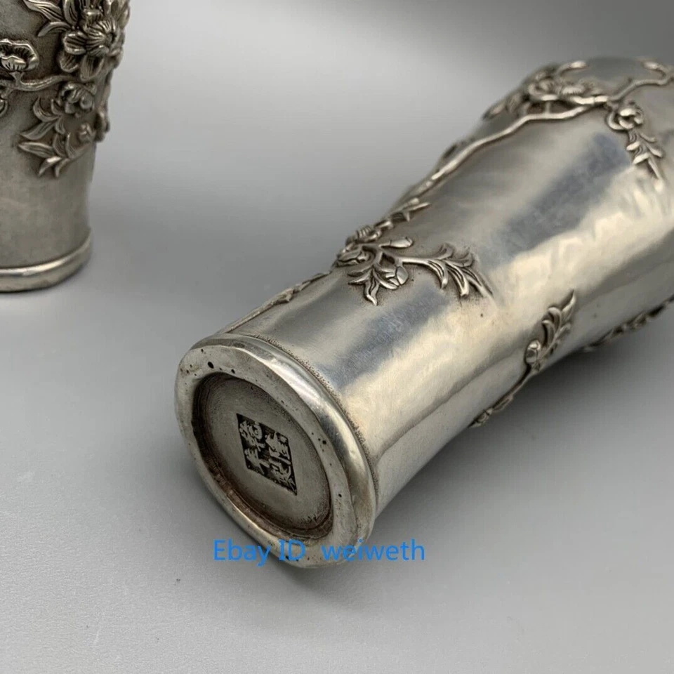 A Pair Old China Tibet Silver Carving Flower Vase W Qianlong Mark 38043 - Image 2 of 4