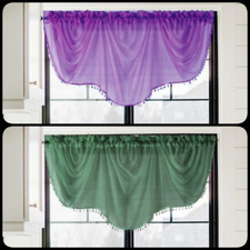 1PC SOLID ROD POCKET SHEER WINDOW ASCOT VALANCE TOPPER W/ BEAD FRINGES BONITA