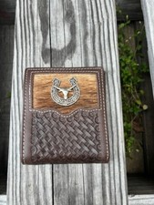 Basketweave Leather Bifold Wallet with a Longhorn Concho on Cowhide Inlay