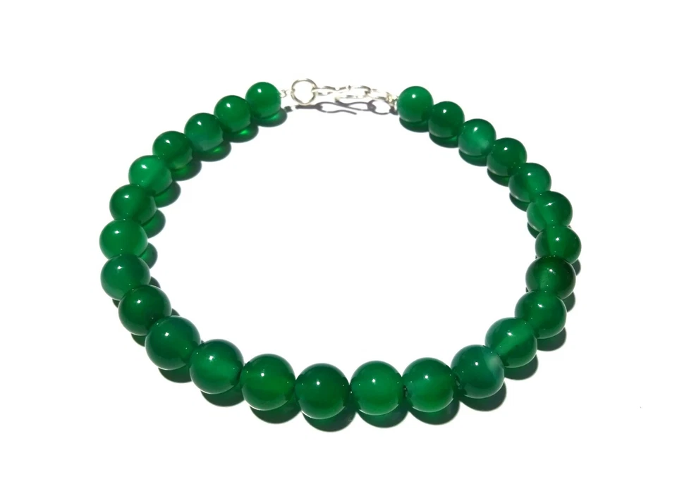 Pulsera de piedras preciosas de moda lisa lisa de 8 mm bola redonda de ónix verde de 7 pulgadas Foto 2 de 4