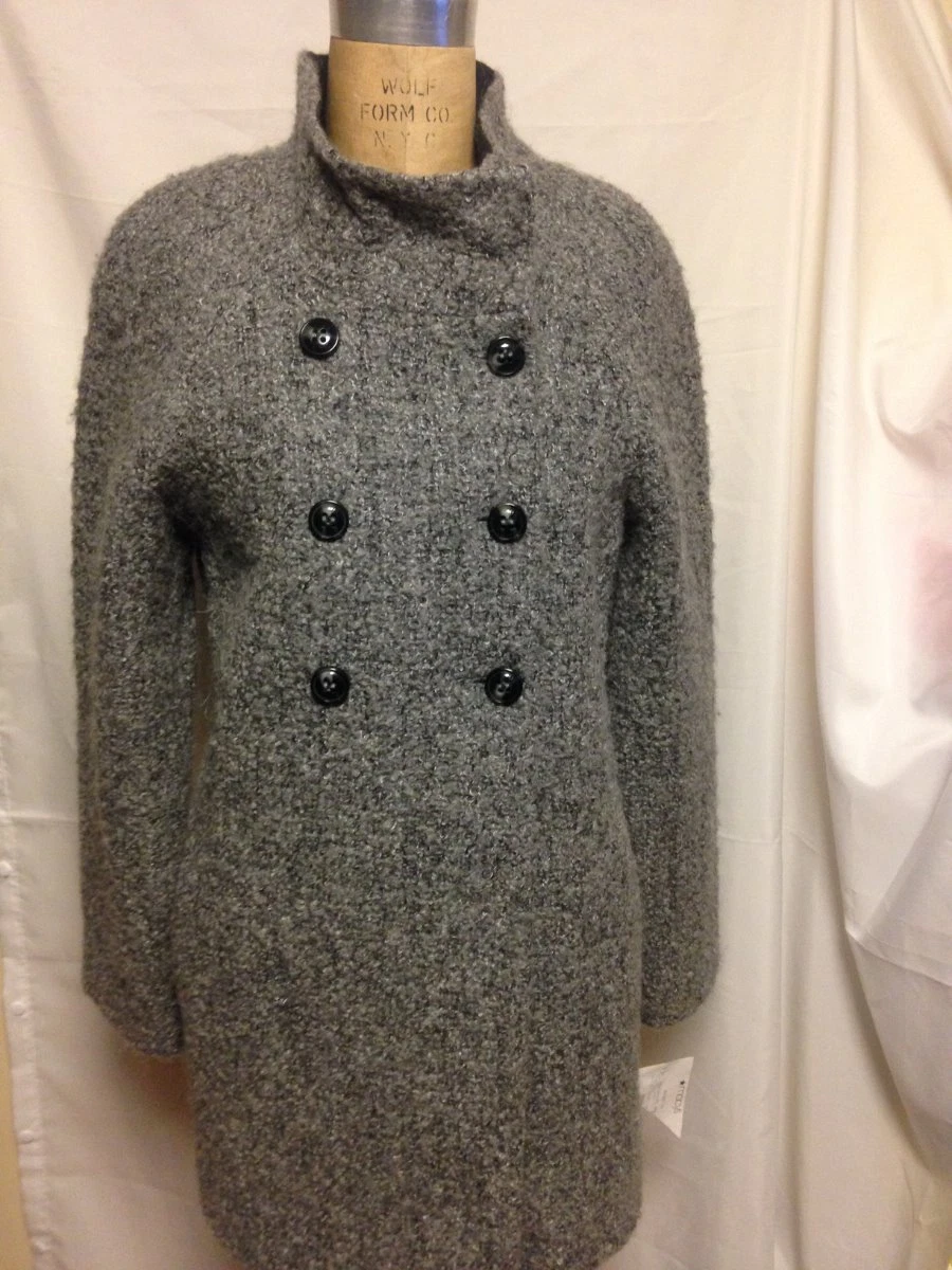 DKNY Double Breasted Boucle Wool Coat 10 Grey New without Tags