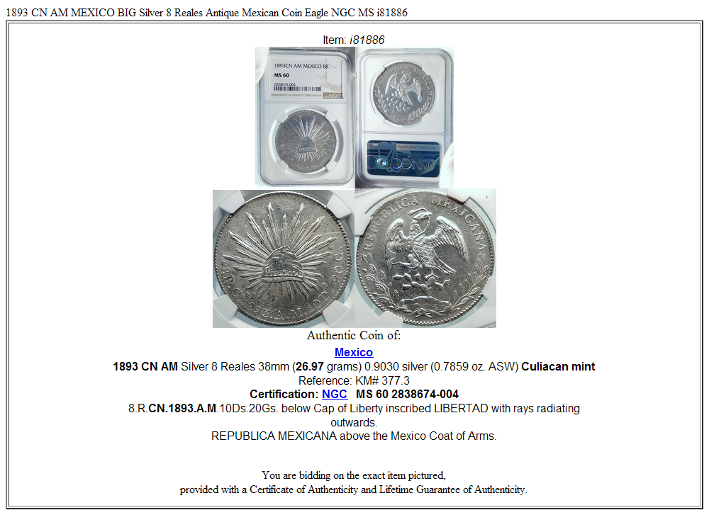 1893 CN AM MEXICO BIG Silver 8 Reales Antique Mexican Coin Eagle