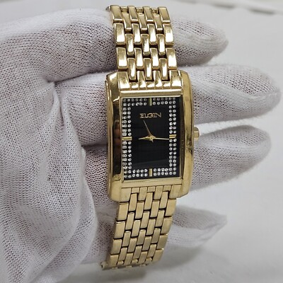 Men's Elgin Dress Watch FG7009 Japan Movement Gold Tone Crystal/ Black Dial Tank