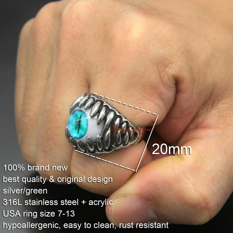 Anillo Retro Para Hombre Turquesa Mal de Ojo Motociclista Garra Dientes de Dragón Acero Inoxidable Foto 2 de 4