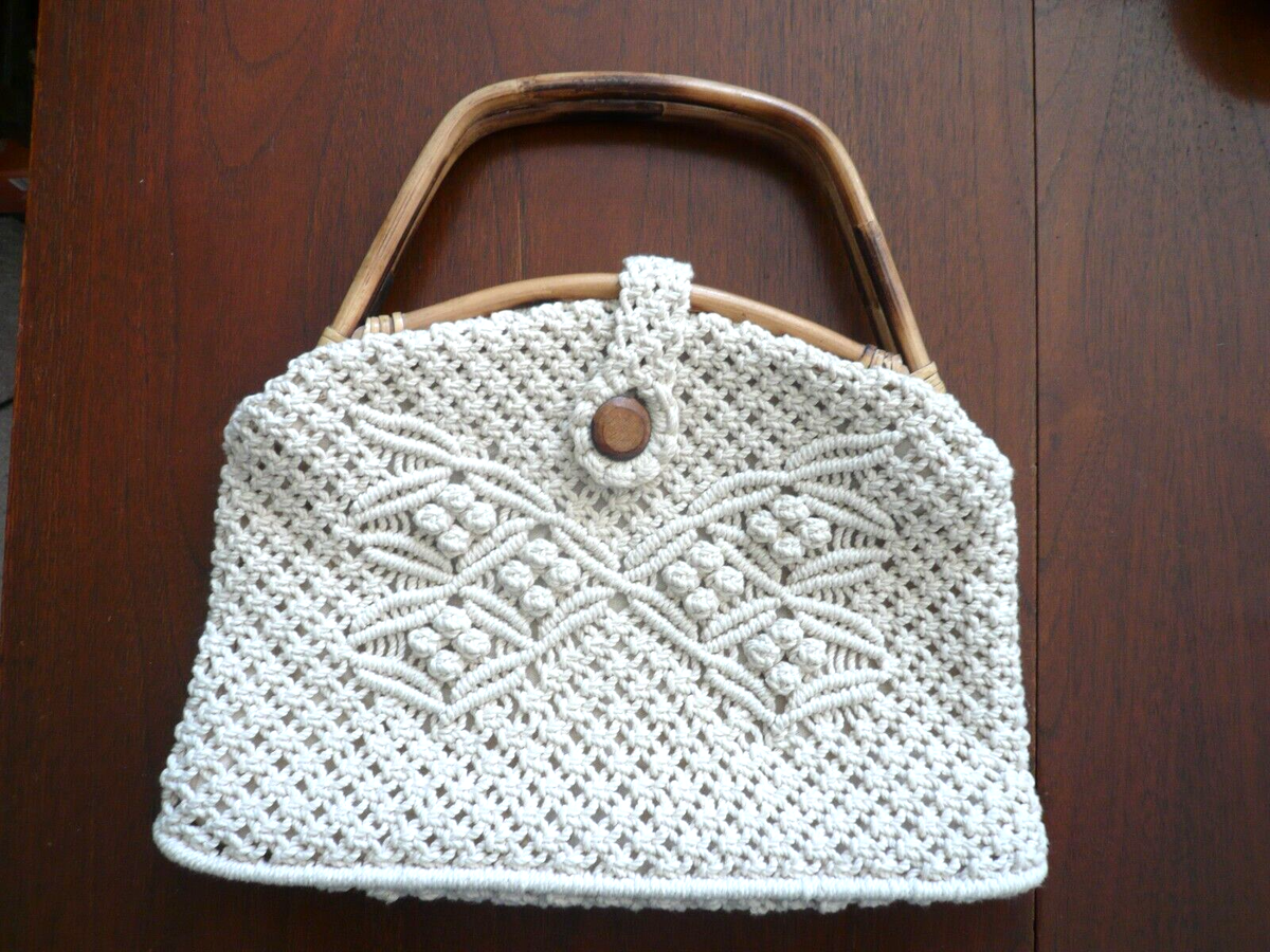 Macrame Crochet Purse, Handmade in the Philippines, Beige, Rattan Wood  Handles