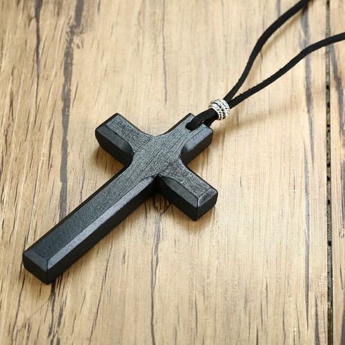 Black Wood Cross Crucifix Leather Cord Pendant Men Women Necklace Sweater - Picture 11 of 15